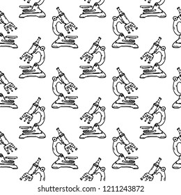 Seamless pattern hand drawn microscope. Doodle black sketch. Sign symbol. Decoration element. Isolated on white background. Flat design. Vector illustration.