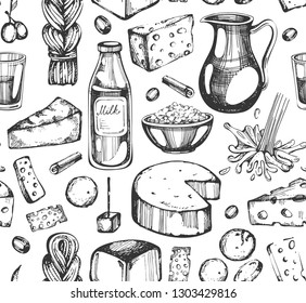  Seamless pattern with hand drawn milk products