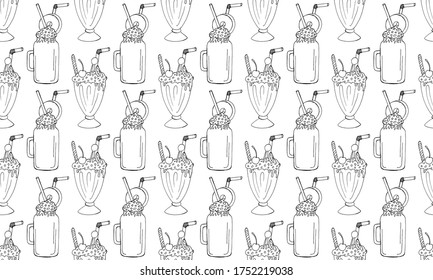 Seamless pattern with hand drawn milk shakes. Refreshing summer cocktail in glass with cream and straw. Vector illustration