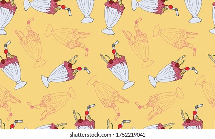 Seamless pattern with hand drawn milk shakes. Refreshing summer cocktail in glass with cream and straw. Vector illustration