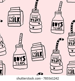 Seamless pattern with hand drawn milk bottle. Creative vector childish pink background for fabric, textile,kids apparel, nursery, decoration