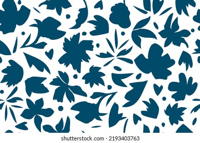 Seamless pattern of hand drawn minimal abstract botanical shapes. Paper cut style collage for modern print. Dark blue on white background Trendy design template.