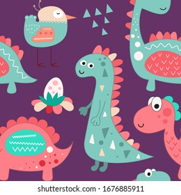 Patrón inquebrantable con menta dibujada a mano y dinosaurio rosa, huevos y pájaro al estilo escandinavo. Ilustración vectorial. Ilustración infantil para el diseño de guarderías. Estilo dino moderno para ropa de bebé, envoltura 