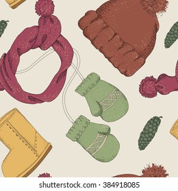 seamless pattern. hand drawn mittens, hats, scarves with pinecone on light background
