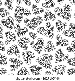 Seamless pattern with hand drawn monochrome hearts in zentangle style. Pattern for coloring book. Coloring page for adult anti stress. Made by trace from sketch. Valentine's day background.