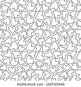 Seamless pattern with hand drawn monochrome hearts in zentangle style. Pattern for coloring book. Coloring page for adult anti stress. Made by trace from sketch. Valentine's day background.