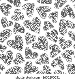 Seamless pattern with hand drawn monochrome hearts in zentangle style. Pattern for coloring book. Coloring page for adult anti stress. Made by trace from sketch. Valentine's day background.