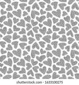 Seamless pattern with hand drawn monochrome hearts in zentangle style. Pattern for coloring book. Coloring page for adult anti stress. Made by trace from sketch. Valentine's day background.