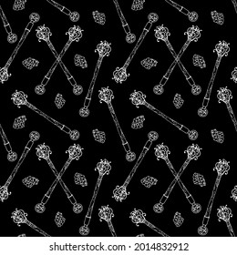 Seamless pattern with hand drawn monochrome white crystals and magic wands on black background. Gemstone repeat texture.