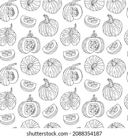 Seamless pattern with hand drawn monochrome black and white pumpkins. White background. Autumn digital paper.