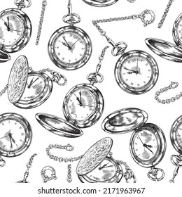 Nahtloses Muster mit handgezeichneten monochromen Taschenuhren auf Kettenskizze-Stil, Vektorgrafik auf weißem Hintergrund. Graviertes Mode-Accessoire, Umhüllung und Verpackungsdesign