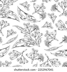 Seamless pattern with hand drawn monochrome clove spice sketch style, vector illustration on white background. Decorative design for wrapping and packaging