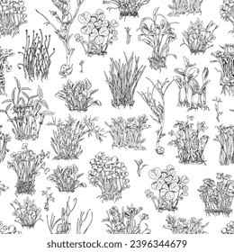 Seamless pattern with hand drawn monochrome different micro-green sprouts sketch style, vector illustration on white background. Decorative for wrapping and packaging, organic plants