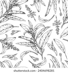 Seamless pattern with hand drawn monochrome sage plants sketch style, vector illustration on white background. decorative design for wrapping and packaging, nature and organic