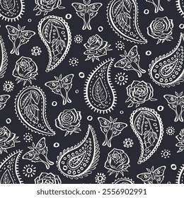 Seamless pattern with hand drawn monochrome inky Paisley, roses and luna moths. Doodle mughal designs with black and white sketchy butterflies and flowers repeat background.