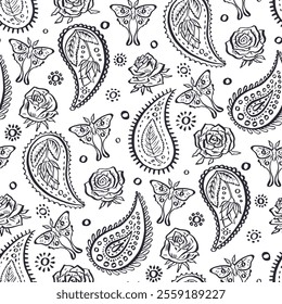 Seamless pattern with hand drawn monochrome inky Paisley, roses and luna moths. Doodle mughal designs with black and white sketchy butterflies and flowers repeat background.