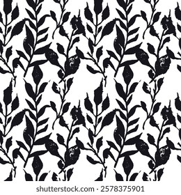 Seamless pattern with hand drawn monochrome abstract leaves. Boho loose botanicals repeat background. Rough foliage black and white wallpaper.