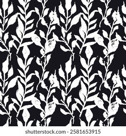 Seamless pattern with hand drawn monochrome abstract leaves. Boho loose botanicals repeat background. Rough foliage black and white wallpaper.