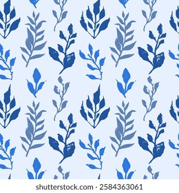 Seamless pattern with hand drawn monochrome blue abstract leaves. Boho loose botanicals repeat background. Rough tree foliage wallpaper.
