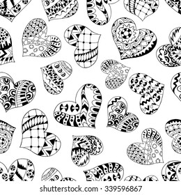 Seamless pattern with hand drawn monochrome hearts in zentangle style. Pattern for coloring book. Coloring page for adult anti stress. Made by trace from sketch. Valentine's day background.