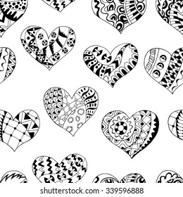 Seamless pattern with hand drawn monochrome hearts in zentangle style. Pattern for coloring book. Coloring page for adult anti stress. Made by trace from sketch. Valentine's day background.