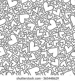 Seamless pattern with hand drawn monochrome hearts in zentangle style. Pattern for coloring book. Coloring page for adult anti stress. Made by trace from sketch. Valentine's day background.