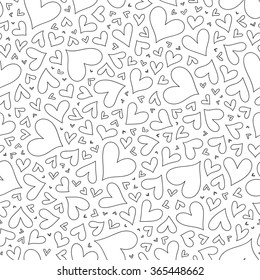 Seamless pattern with hand drawn monochrome hearts in zentangle style. Pattern for coloring book. Coloring page for adult anti stress. Made by trace from sketch. Valentine's day background.