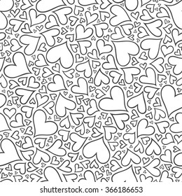 Seamless pattern with hand drawn monochrome hearts in zentangle style. Pattern for coloring book. Coloring page for adult anti stress. Made by trace from sketch. Valentine's day background.