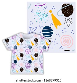Seamless pattern with hand drawn moon in the galaxy space,and geometric shapes. Creative childish texture. Great for fabric,baby cloth, textile Vector Illustration