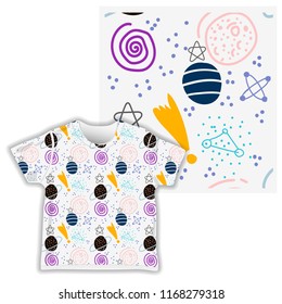 Seamless pattern with hand drawn moon in the galaxy space,and geometric shapes. Creative childish texture. Great for fabric,baby cloth, textile Vector Illustration