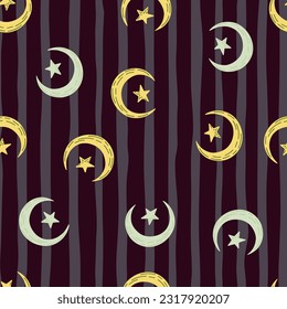 Seamless pattern with hand drawn moon and stars silhouettes print. For fabric design, textile print, wrapping paper, cover. Vector illustration