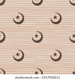 Seamless pattern with hand drawn moon and stars silhouettes print. For fabric design, textile print, wrapping paper, cover. Vector illustration