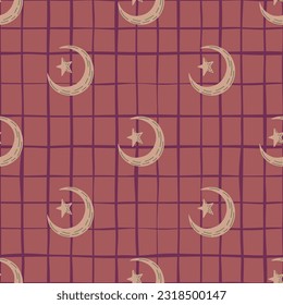 Seamless pattern with hand drawn moon and stars silhouettes print. For fabric design, textile print, wrapping paper, cover. Vector illustration