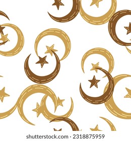 Seamless pattern with hand drawn moon and stars silhouettes print. For fabric design, textile print, wrapping paper, cover. Vector illustration