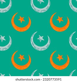 Seamless pattern with hand drawn moon and stars silhouettes print. For fabric design, textile print, wrapping paper, cover. Vector illustration