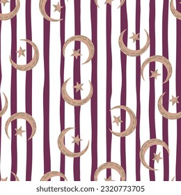 Seamless pattern with hand drawn moon and stars silhouettes print. For fabric design, textile print, wrapping paper, cover. Vector illustration