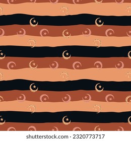 Seamless pattern with hand drawn moon and stars silhouettes print. For fabric design, textile print, wrapping paper, cover. Vector illustration