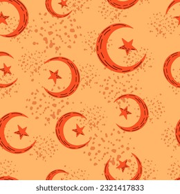 Seamless pattern with hand drawn moon and stars silhouettes print. For fabric design, textile print, wrapping paper, cover. Vector illustration