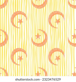 Seamless pattern with hand drawn moon and stars silhouettes print. For fabric design, textile print, wrapping paper, cover. Vector illustration