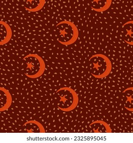 Seamless pattern with hand drawn moon and stars silhouettes print. For fabric design, textile print, wrapping paper, cover. Vector illustration