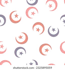 Seamless pattern with hand drawn moon and stars silhouettes print. For fabric design, textile print, wrapping paper, cover. Vector illustration