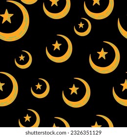 Seamless pattern with hand drawn moon and stars silhouettes print. For fabric design, textile print, wrapping paper, cover. Vector illustration