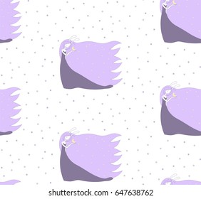Seamless pattern of hand drawn moon goddess with bunny ears holding moon, with long hair, on a white background with stars.  Design concept for children - textile print, wallpaper, wrapping. Vector.