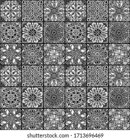 Seamless pattern of hand drawn mosaic tiles, engraving square patterns for moroccan, portuguese or arabesque print. Vector black illustration in vintage style on white background.