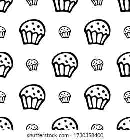 Seamless pattern with hand drawn muffin. Doodle style vector illustration isolated on white background. For interior design, wallpaper, packaging, posters, cards.