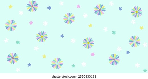 Seamless Pattern of Hand Drawn Multi Color Flowers on Light Color Background