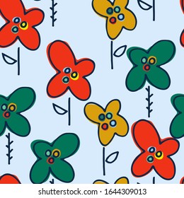 Seamless pattern with hand drawn multicolored abstract flowers on pale gray background in Scandinavian style