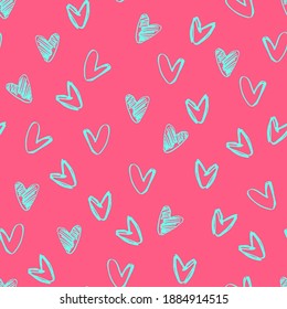 Seamless pattern. Hand drawn multicolored heart shapes, outlined and shaded, on pink background, for wrapping paper and other design projects. Valentines Day concept, love, romance concept