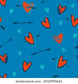 Seamless pattern. Hand drawn multicolored heart shapes, Cupids arrow, for wrapping paper and other design projects. Valentines Day concept, love, romance concept