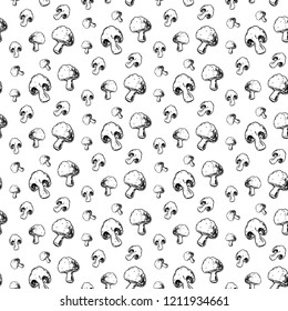 Seamless pattern hand drawn mushroom. Doodle black sketch. Sign symbol. Decoration element. Isolated on white background. Flat design. Vector illustration.